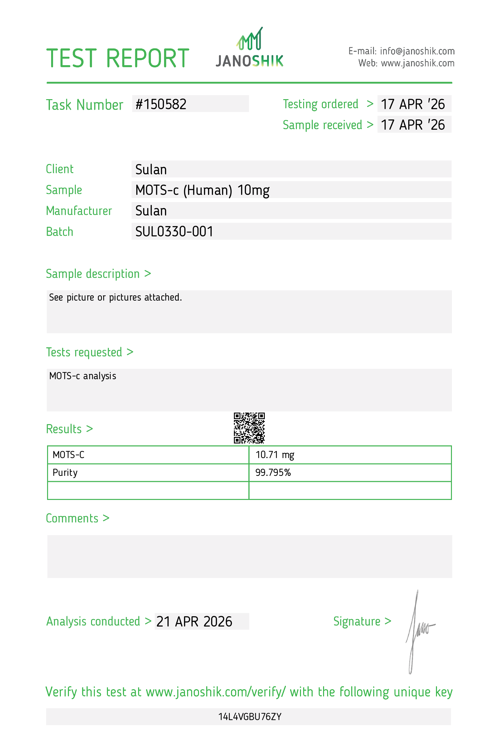 MOTS-c (Human) 10mg Janoshik report