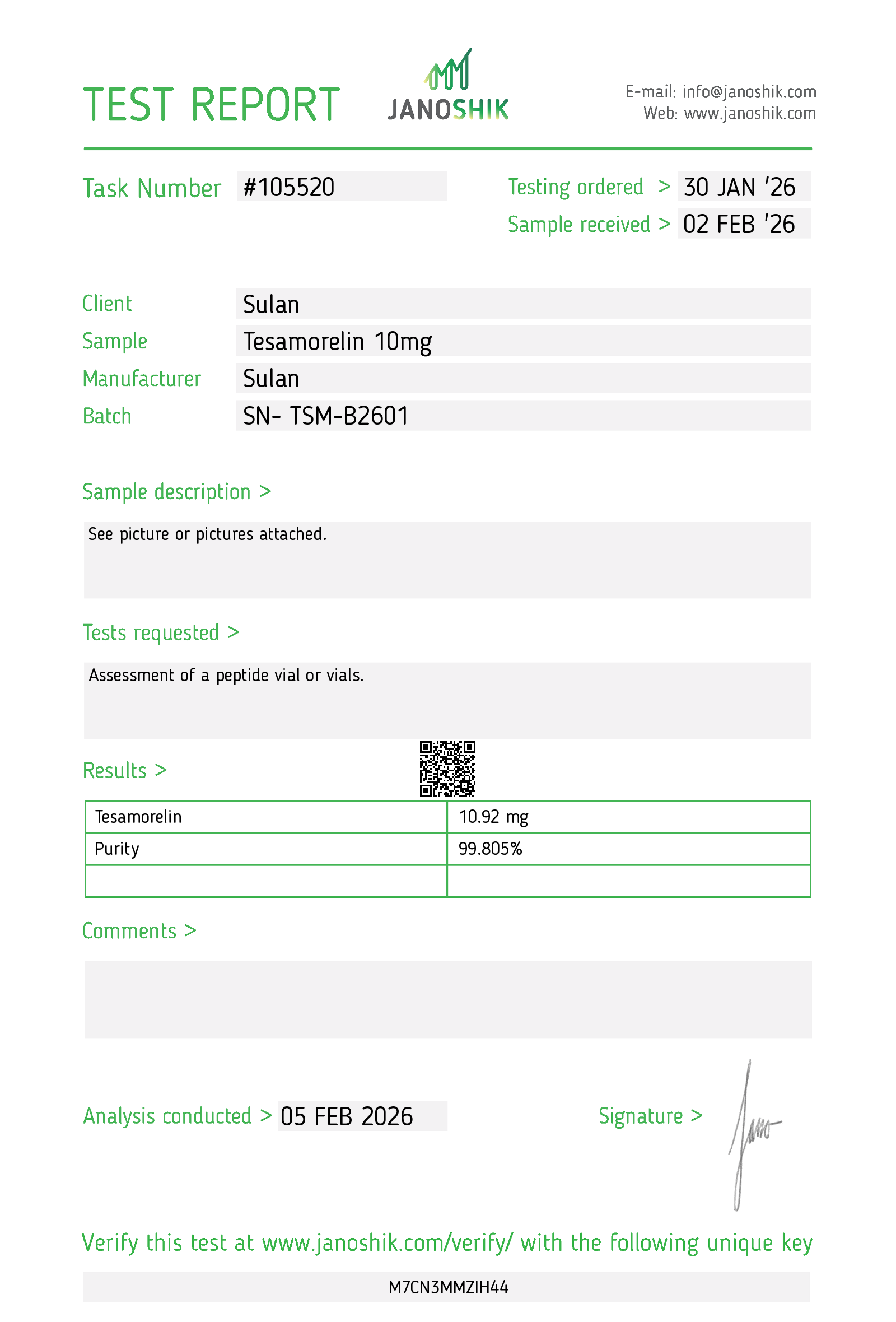 Tesamorelin 10mg Janoshik COA report